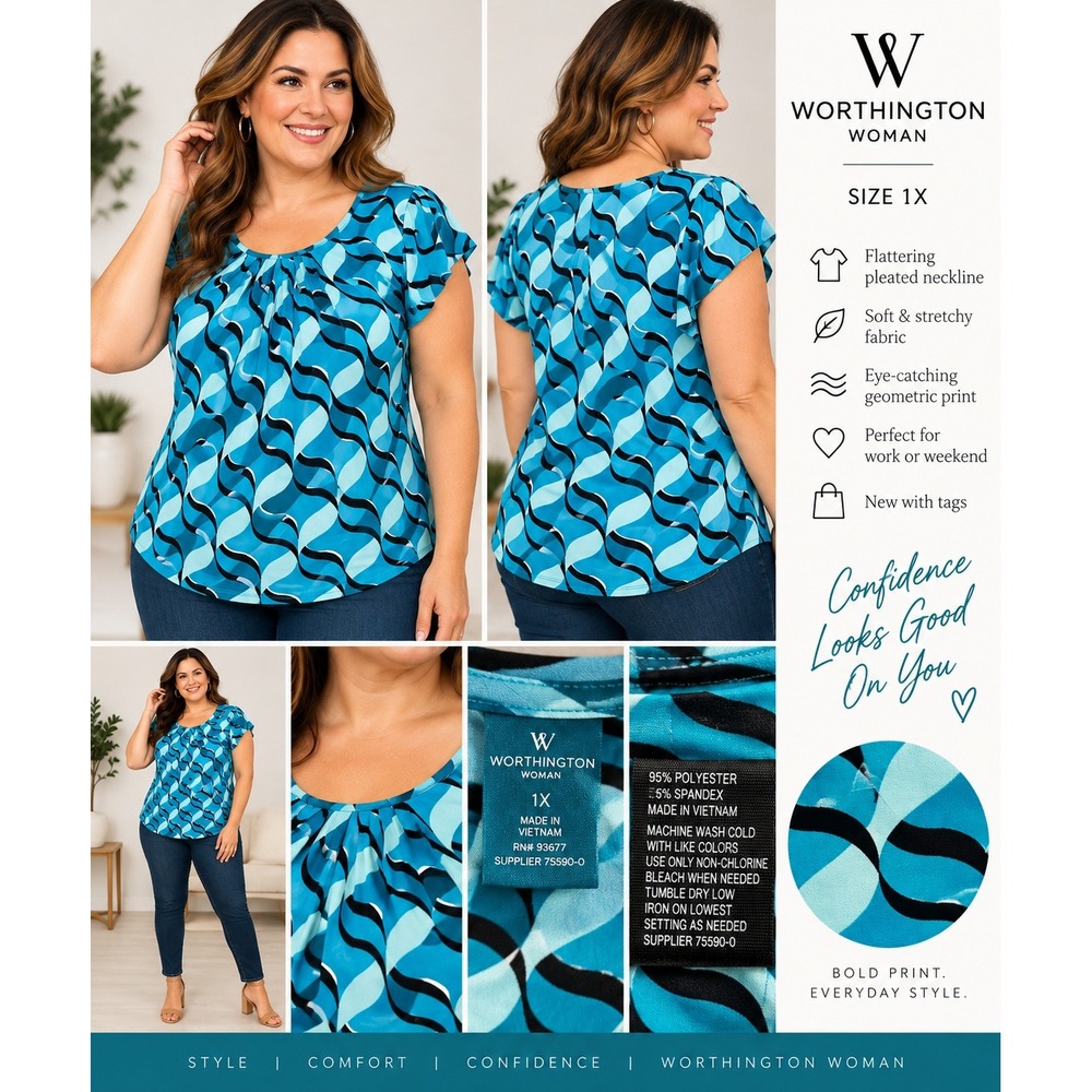 Worthington Woman 1X Blue Geometric Print Pleated Neckline Short Sleeve Top NEW